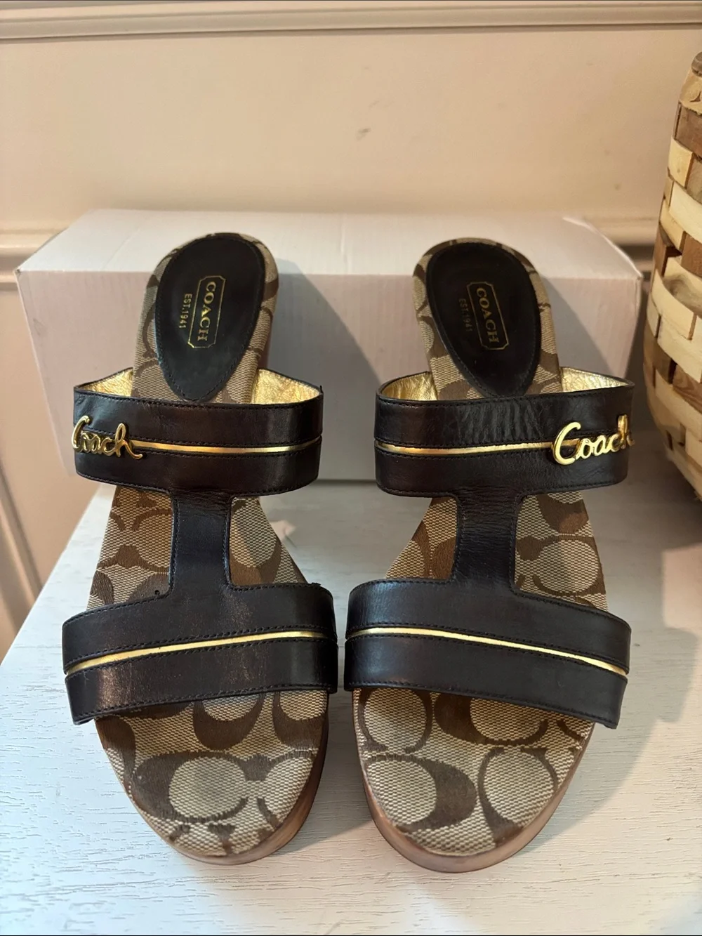 Coach Black Leather & Wood-Platform Sandals with Gold Trim